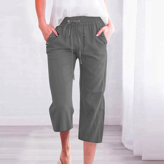 Women's Solid Color Linen Blend 7/8 Pants Loose Fit Casual Trousers With Pockets Track Pants Women Cropped Pants for Women Casual Summer Track Sweatpants Women Women Casual Pants Suits Womens