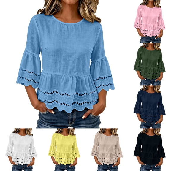 Women's Solid Color Linen Blend Peplum Top, Round Neck 3/4 Bell Sleeve Casual Blouse for Spring Summer Sky Blue XL(XL)