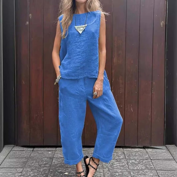 Women's Solid Color Linen Casual Loose Two Piece Set | Sleeveless Top & Wide Leg Pants Ensemble Wedding Jumpsuits for Women Bride Girls Suits Formal Baggy Cropped Pants Smart Casual Outfit plus Size