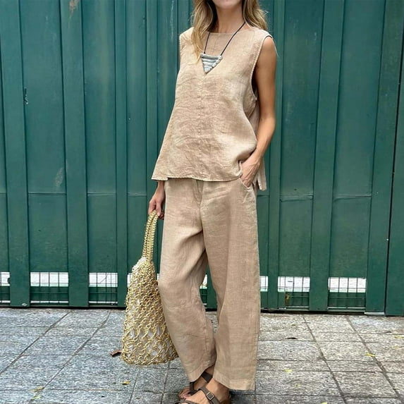 Women's Solid Color Linen Casual Loose Two Piece Set | Sleeveless Top & Wide Leg Pants Ensemble Wedding Jumpsuits for Women Bride Girls Suits Formal Baggy Cropped Pants Smart Casual Outfit plus Size