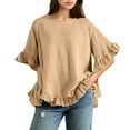 thumbnail image 1 of Women's Solid Color Linen Loose Fit Ruffled Round Neck Short Sleeve Button Up Blouse, 1 of 2