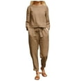 thumbnail image 1 of Women's Solid Color Linen Loose Top And Drawstring Linen Long Pants Set Outfits, 1 of 2