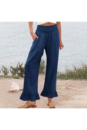 Women's Solid Color Linen Straight Leg Pants, Elastic High Waist Long Trousers with Ruffle Hem, Fashion Casual Pants for Spring, Fall, Beach and Daily Wear Dark Blue M