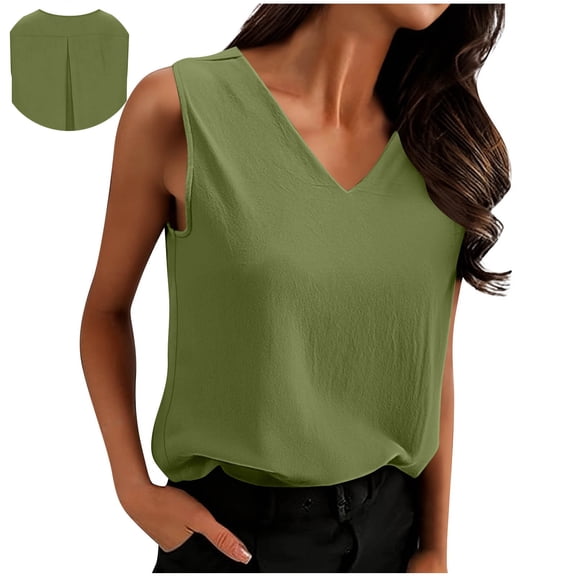 Women's Solid Color Linen V-Neck Tank Fashion Solid Color Back Pleated Sleeveless T-Shirt Womens Loose Casual Tank Tops Sleeveless Summer Tops