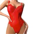 thumbnail image 1 of Women's Solid Color Lingerie Sexy One Piece Lace Pu Patchwork Bodysuit Deep V Teddy Mini Babydoll Underwear, 1 of 3