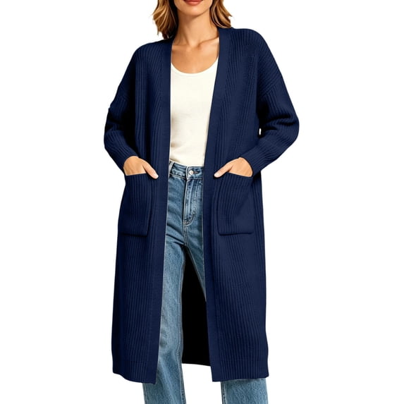 Women's Solid Color Long Cardigan With Pockets Long Sleeve Open Front Ribbed Sweater Loose Fit Casual Winter Coat For Daily Wear Dark Blue 5XL