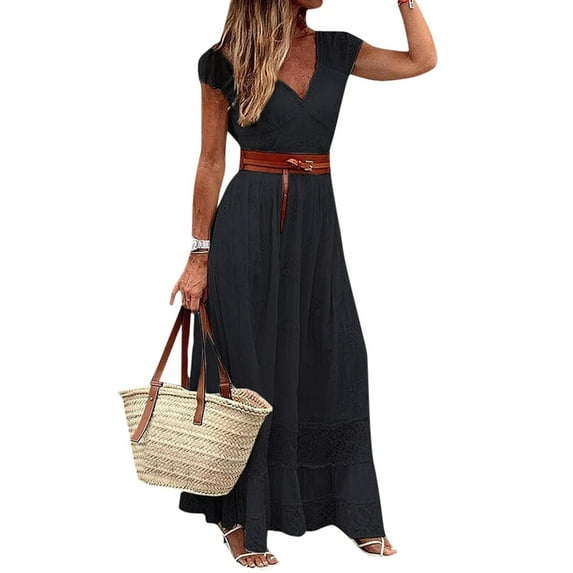 Women's Solid Color Long Maxi Dress With Belt Elegant Lace Trimmed Evening Gown Petite Dress with Pockets Midi Shirt Dress Casual Short Sleeve Dress Short Sleeve Loose T Shirt Dress Women Doll Dress