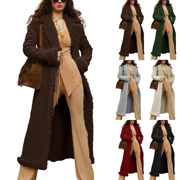 Women's Solid Color Long Plush Anti-Freeze Suede Wool Coat for Fall and Winter, Warm and Stylish for Cold Weather,Coffee,L