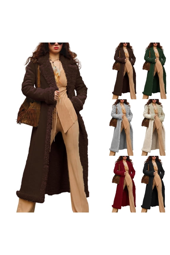 Women's Solid Color Long Plush Anti-Freeze Suede Wool Coat for Fall and Winter, Warm and Stylish for Cold Weather,Coffee,XL