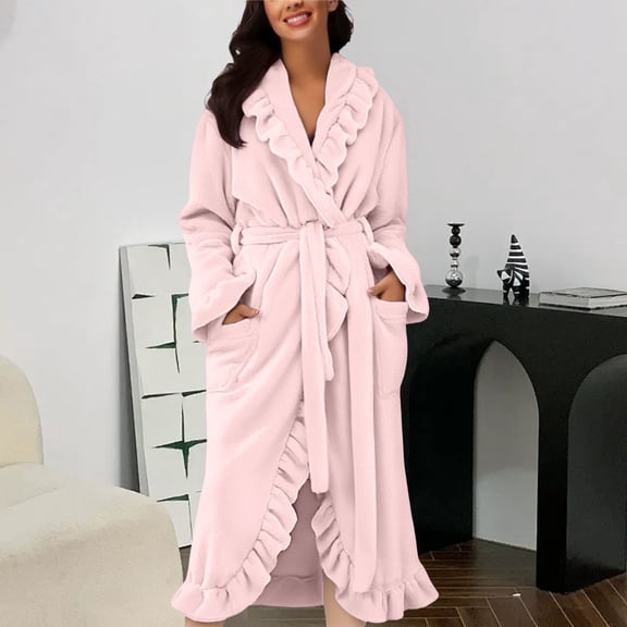 Women's Solid Color Long Robe, French Palace Style Fleece Bathrobe with Pockets, Plush Toweling Dressing Gown for Home Spa, Hotel Luxury Wear and Gift Giving Occasions Pink