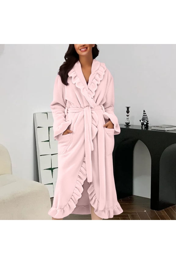 Women's Solid Color Long Robe, French Palace Style Fleece Bathrobe with Pockets, Plush Toweling Dressing Gown for Home Spa, Hotel Luxury Wear and Gift Giving Occasions Pink