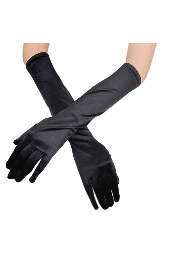 Women's Solid Color Long Satin Wedding Gloves, Elegant Opera Length Bridal Gloves for Formal Evening Parties, Stage Performances, and Special Occasions, Satin Fabric with Classic Design Black