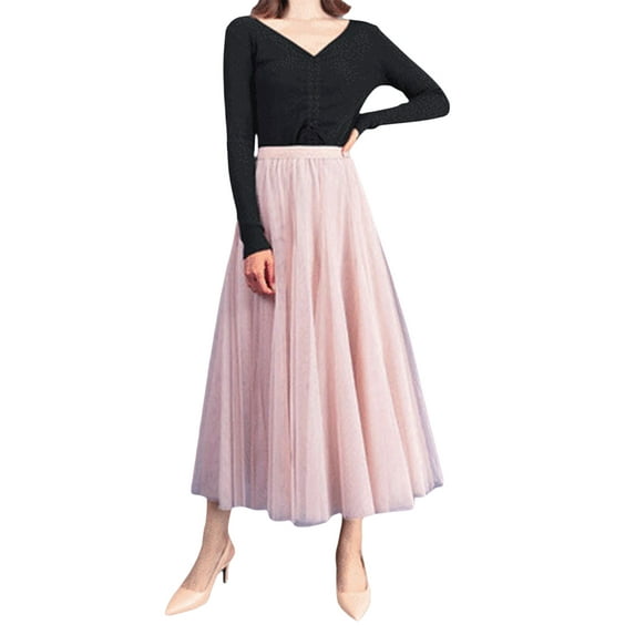 Women's Solid Color Long Skirts Layered Tulle Elastic Waist Skirts