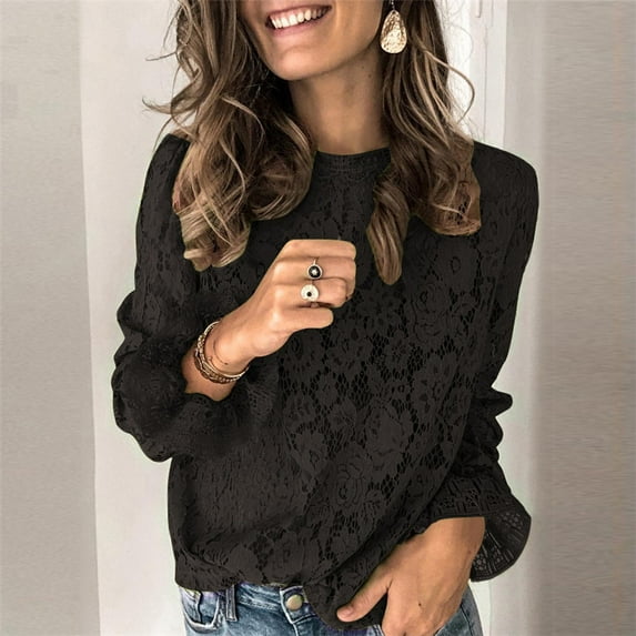 Women's Solid Color Long Sleeve Blouses Hollow Round Neck Lace Shirts Tops