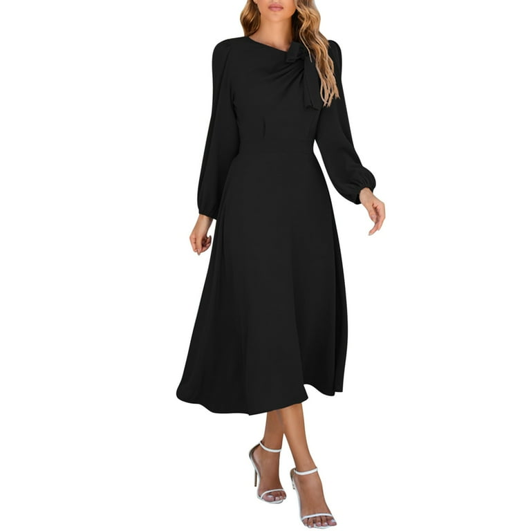 Women s Solid Color Long Sleeve Bow Vintage Dress Comfortable Winter Wear Ladies Patchwork Swing Dress
