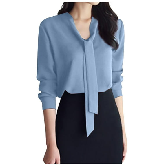 Women's Solid Color Long Sleeve Business Casual Bow Blouse - Elegant for Office or Party