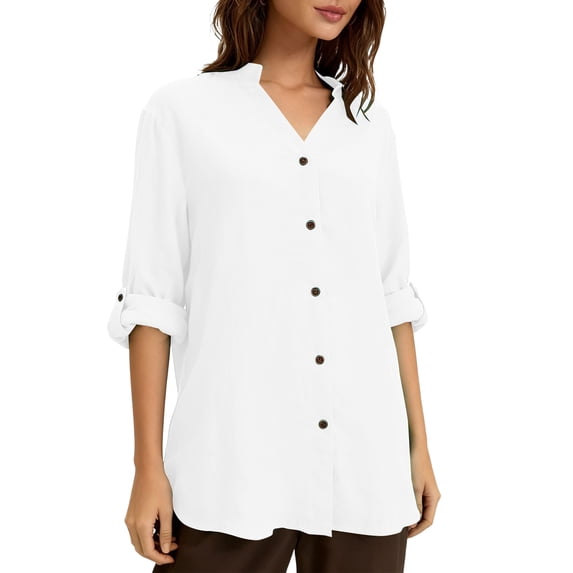 Women's Solid Color Long Sleeve Button Down Shirt with Collar and Pocket