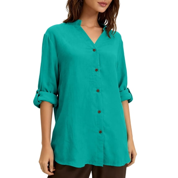 Women's Solid Color Long Sleeve Button Down Shirt with Collar and Pocket