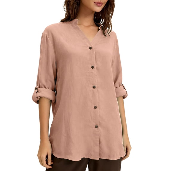 Women's Solid Color Long Sleeve Button Down Shirt with Collar and Pocket