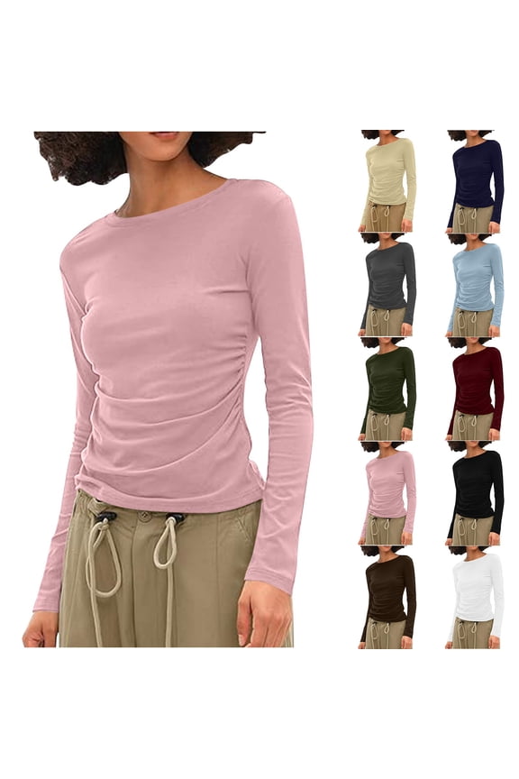 Women's Solid Color Long Sleeve Crewneck T-Shirts Tops Tees Casual Fall Basic Slim Fit Ruched Side Design Fashion Essential for Women | Aestivo,Blue XL