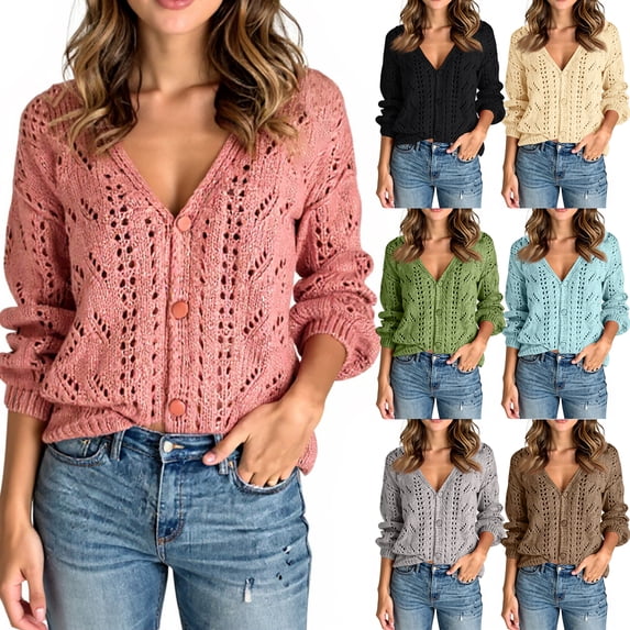 Women's Solid Color Long Sleeve Cutout V-Neck Knitted Cardigan Sweater for Fall and Winter, Cozy and Fashionable, Perfect for Layering,Green,Size S