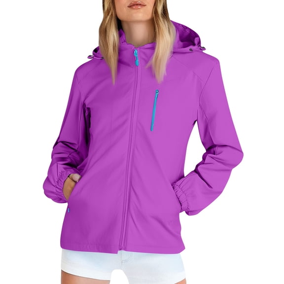 Women's Solid Color Long Sleeve Hooded Outdoor Windproof Waterproof Thin Jacket, Purple, Size XL