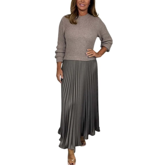 Women's Solid Color Long Sleeve Jumperand Pleated Bottom Dress Fashion Casual Patchwork Crewneck Spring Dresses Grey XL