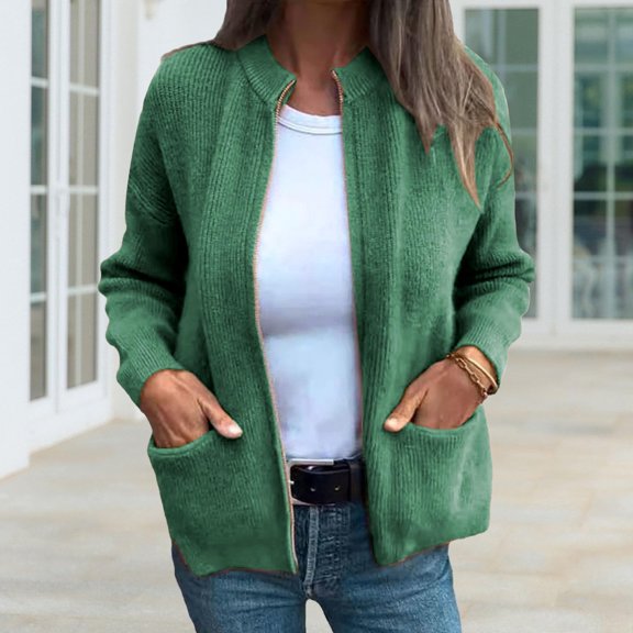 Women's Solid Color Long Sleeve Knit Jacket, Zipper Front Cardigan Sweater, Soft Casual Outerwear with Pockets, Lightweight Loose Fit Cover Up, Comfortable Everyday Wear Green M