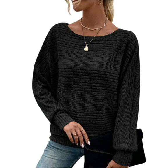 Women’s Solid Color Long Sleeve Knit Pullover Top Casual Crew Neck Soft Lightweight Sweater for Fall Winter Daily Wear Black
