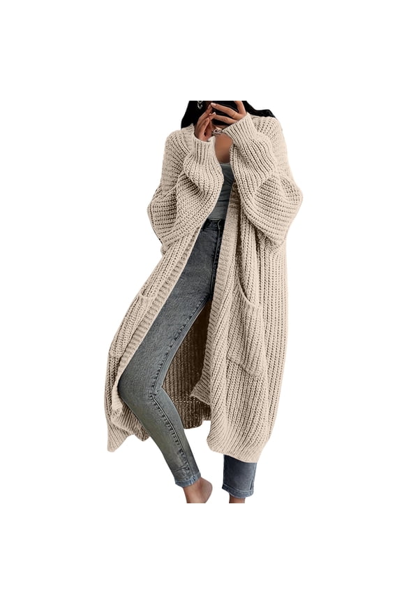 Women's Solid Color Long Sleeve Knitted Cardigan, Knee-Length Lazy Trend Design, Mid-Length Casual Sweater Jacket - Beige, Size L