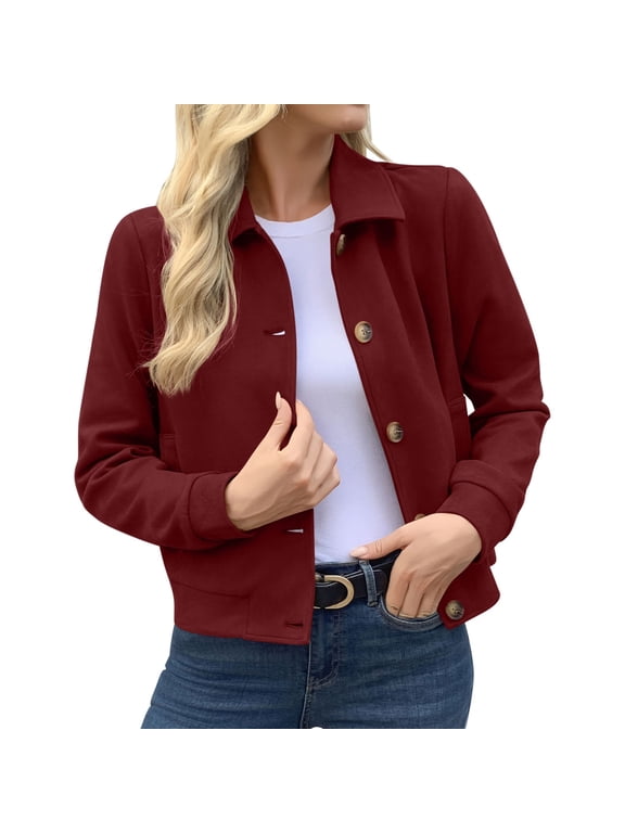 Women's Solid Color Long Sleeve Lapel Button up Faux Suede Jacket Vintage Casual Lined Outerwear Coat with Shoulder Pads Wine-A