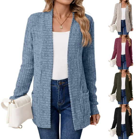 Women's Solid Color Long Sleeve Length Cardigan Sweater Coat Top with Pockets for Spring and Fall Seasons, Casual Layering for Daily Use,Khaki,XL