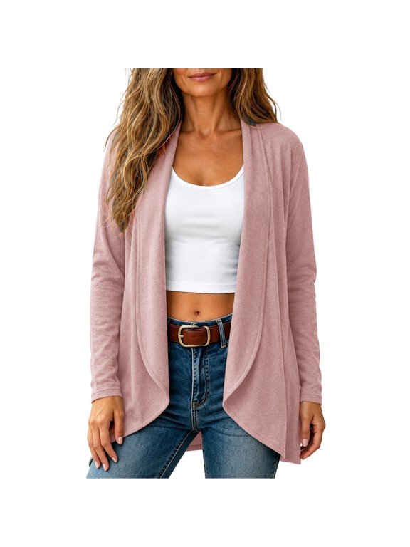 Women's Solid Color Long Sleeve Lightweight Soft Open Front Cardigan Sweater Top, Relaxed Elegant Sun Protective Drape, for Spring Summer Autumn Casual Daily Brunch Errands And Outings Pink