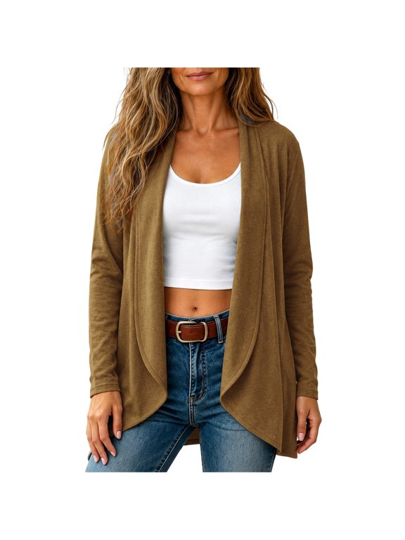 Women's Solid Color Long Sleeve Lightweight Soft Open Front Cardigan Sweater Top, Relaxed Elegant Sun Protective Drape, for Spring Summer Autumn Casual Daily Brunch Errands And Outings Coffee