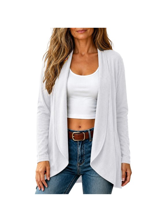 Women's Solid Color Long Sleeve Lightweight Soft Open Front Cardigan Sweater Top, Relaxed Elegant Sun Protective Drape, for Spring Summer Autumn Casual Daily Brunch Errands And Outings White