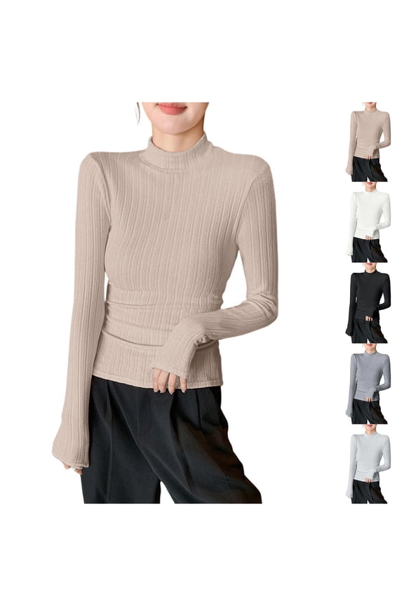 Women's Solid Color Long Sleeve Mock Neck Base Layer Top Shirt Thermal Warm Slim Fit Fashionable Layering Piece for Winter | CSEONE,White L
