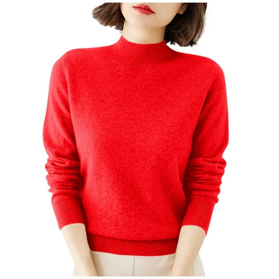 Women's Solid Color Long Sleeve Mock Neck Sweater Casual Fashionable Base Layer Top Soft Warm Winter Fall Daily Versatile Comfortable Outfit Red XL