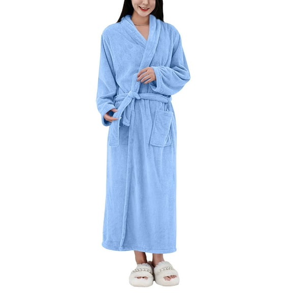 Women's Solid Color Long Sleeve Plush Bathrobe - Winter Warm Homewear, Blue, One Size
