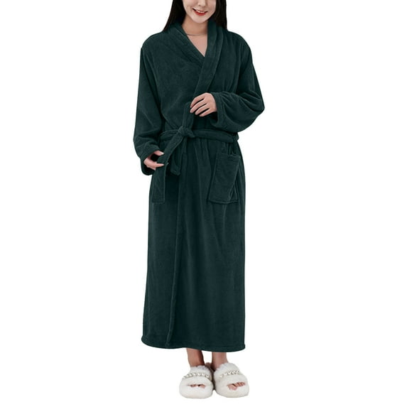 Women's Solid Color Long Sleeve Plush Bathrobe - Winter Warm Homewear, Dark Green, One Size
