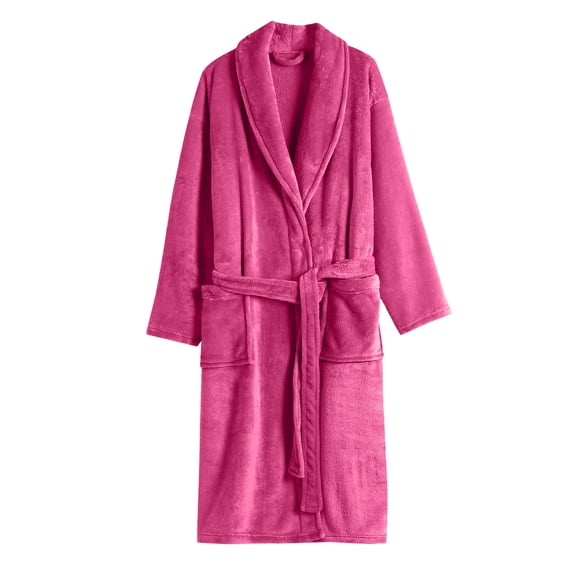 Women's Solid Color Long Sleeve Plush Bathrobe - Winter Warm Homewear, Fuchsia, One Size