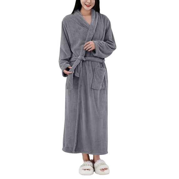 Women's Solid Color Long Sleeve Plush Bathrobe - Winter Warm Homewear, Gray, One Size