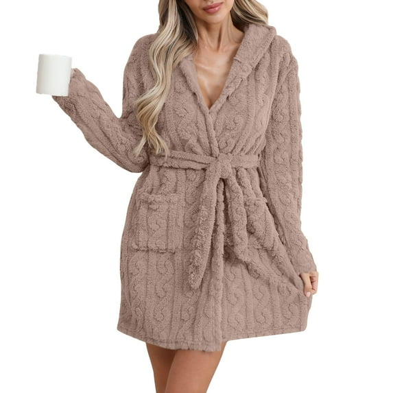 Women's Solid Color Long Sleeve Plush Bathrobe - Winter Warm Homewear, Khaki, M