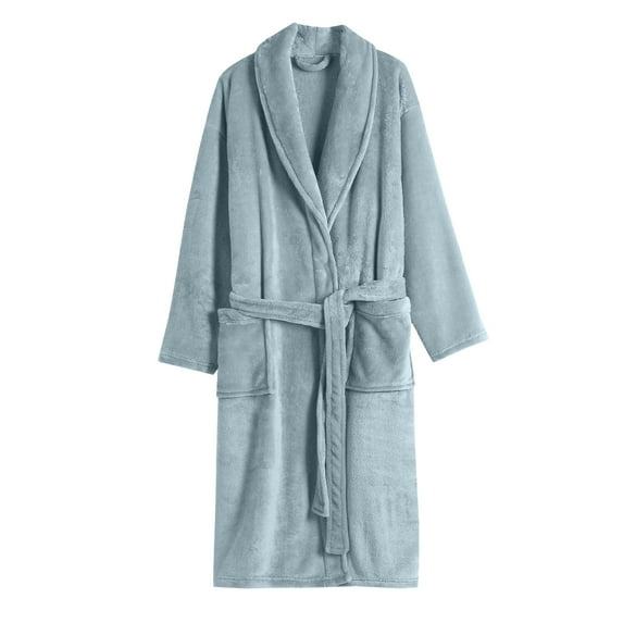 Women's Solid Color Long Sleeve Plush Bathrobe - Winter Warm Homewear, Light Blue, One Size
