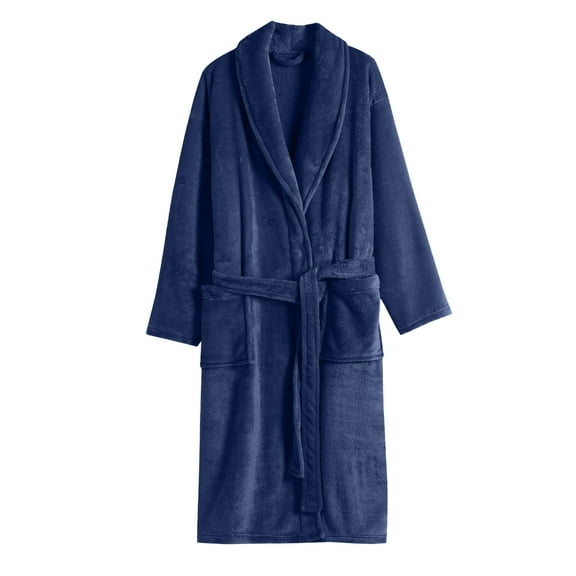 Women's Solid Color Long Sleeve Plush Bathrobe - Winter Warm Homewear, Navy Blue, One Size