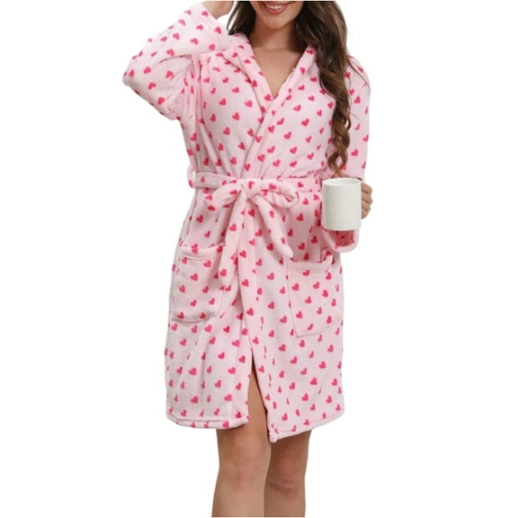 Women's Solid Color Long Sleeve Plush Bathrobe - Winter Warm Homewear, Pink, L