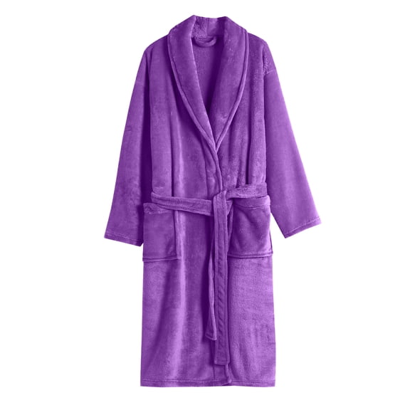 Women's Solid Color Long Sleeve Plush Bathrobe - Winter Warm Homewear, Purple, One Size