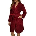 thumbnail image 1 of Women's Solid Color Long Sleeve Plush Bathrobe - Winter Warm Homewear, Red, XL, 1 of 5