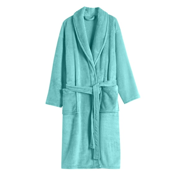 Women's Solid Color Long Sleeve Plush Bathrobe - Winter Warm Homewear, Turquoise, One Size