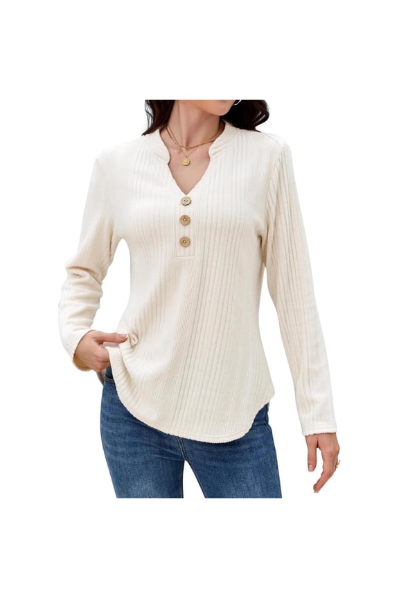 Women’s Solid Color Long Sleeve Ribbed Knit Shirt – V Neck Button Front Casual Top, Lightweight Polyester Blouse White