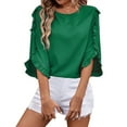 thumbnail image 1 of Women's Solid Color Long Sleeve Round Neck Irregular Hem Top With Lace Detail, 1 of 2